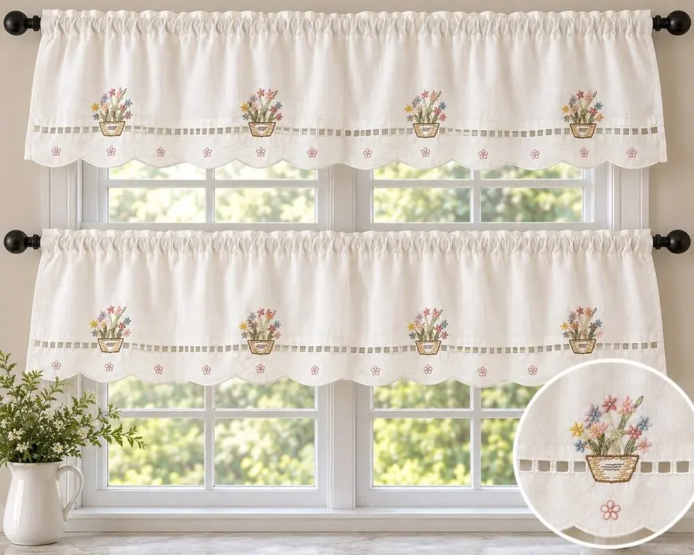 Embroidered Window Valances Scalloped Cutwork White 2 Panel Set Floral 60x13